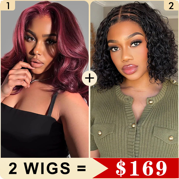 2 Wigs Set | Boho Braided Curly Wigs 8x5 Pre Cut Lace Wig & Body Wave Short Bob Human Hair Wig