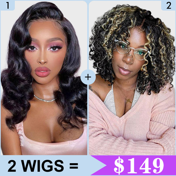 2 Wigs Set | Body Wave 5x5 HD Lace Short Bob Wig & Highlight 5x5 HD Lace Curly Bob Wig