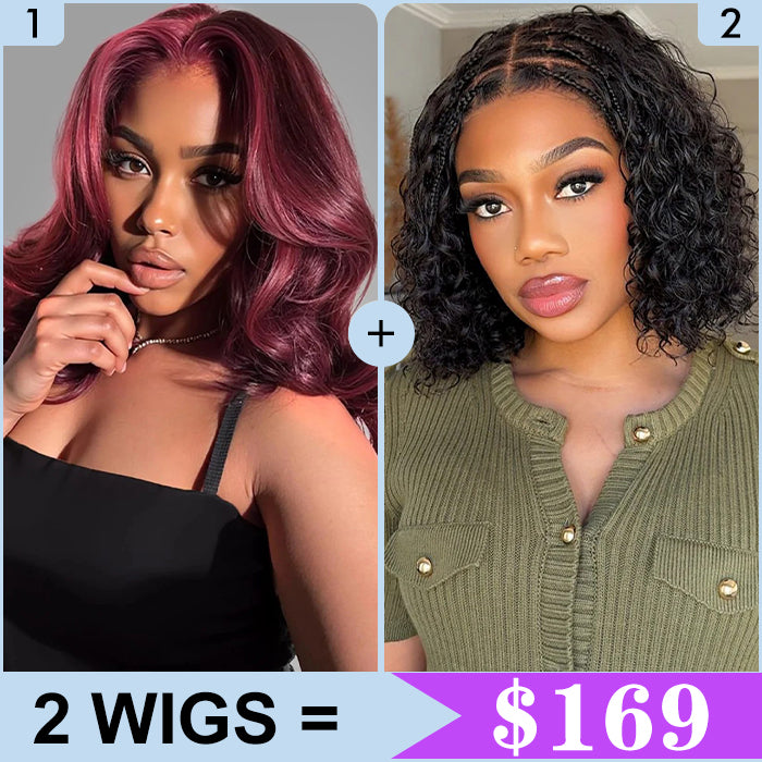 2 Wigs Set | Boho Braided Curly Wigs 5x5 Pre Cut Lace Wig & Body Wave Short Bob Human Hair Wig