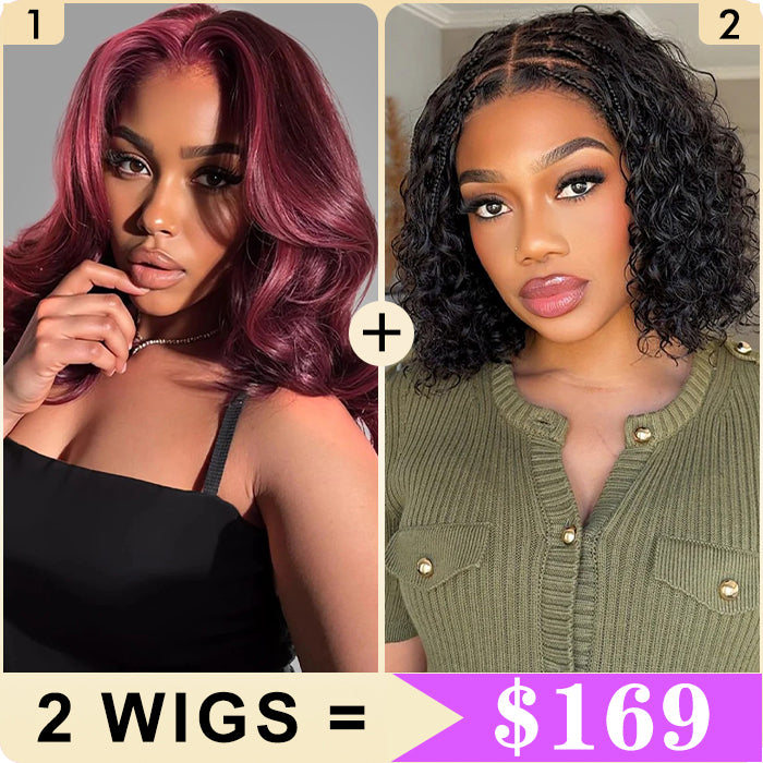 2 Wigs Set | Boho Braided Curly Wigs 5x5 Pre Cut Lace Wig & Body Wave Short Bob Human Hair Wig