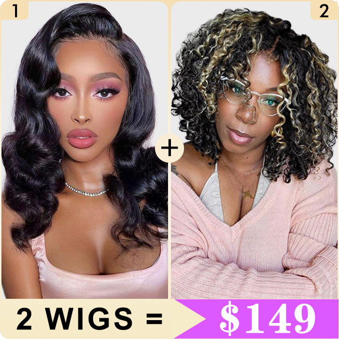 2 Wigs Set | Body Wave 5x5 HD Lace Short Bob Wig & Highlight 5x5 HD Lace Curly Bob Wig