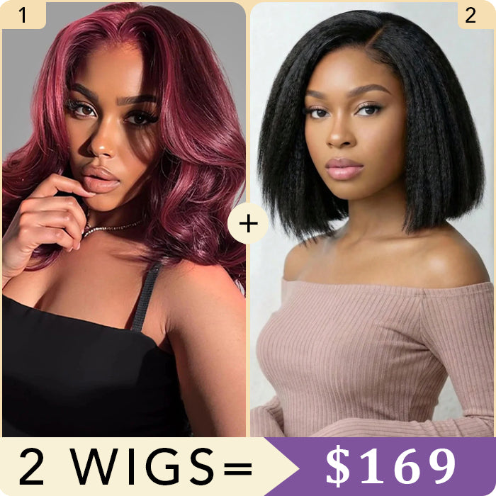 2 Wigs Set | V Part Kinky Straight Bob Wig & Body Wave Short Bob 5x5 HD Lace Colored Wig