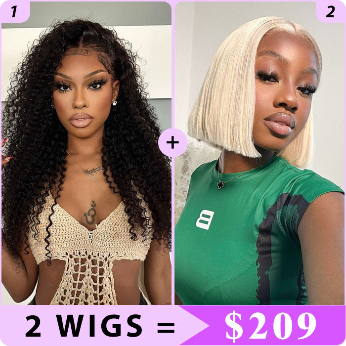 2 Wigs Set | Curly Hair 13x4 HD Lace Frontal Wig & #613 Blonde 5x5 HD Lace Bob Wig