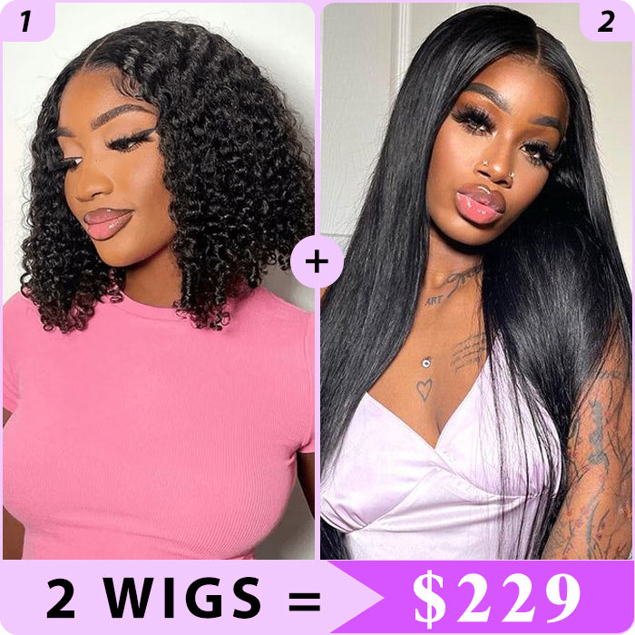 2 Wigs Set | Silky Straight 13x4 HD Lace Frontal Wig & Skin Melt HD Lace 5x5 Curly Bob Wig