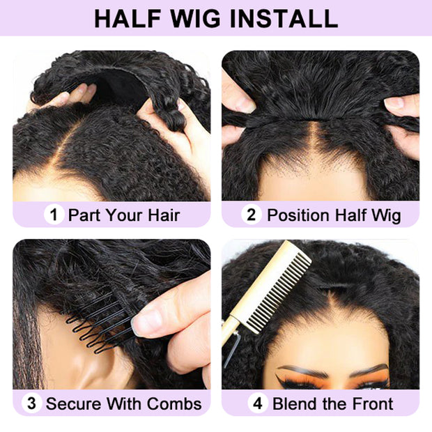 Easy Wear Kinky Straight 3 In 1 Half Wig With Drawstring Comfortable Fit No Glue Needed