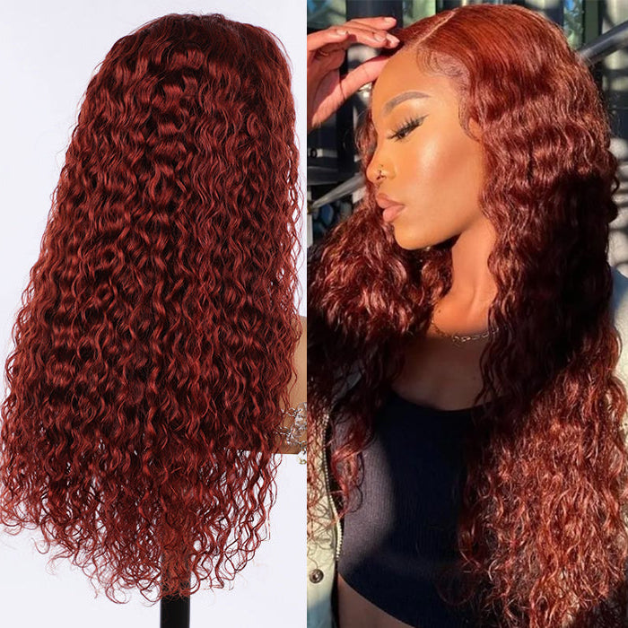 #33 Reddish Brown Water Wave Invisi-Pull String Snug Fit 360 HD Lace Frontal Pre-Cut & Pre-Plucked Glueless Wig