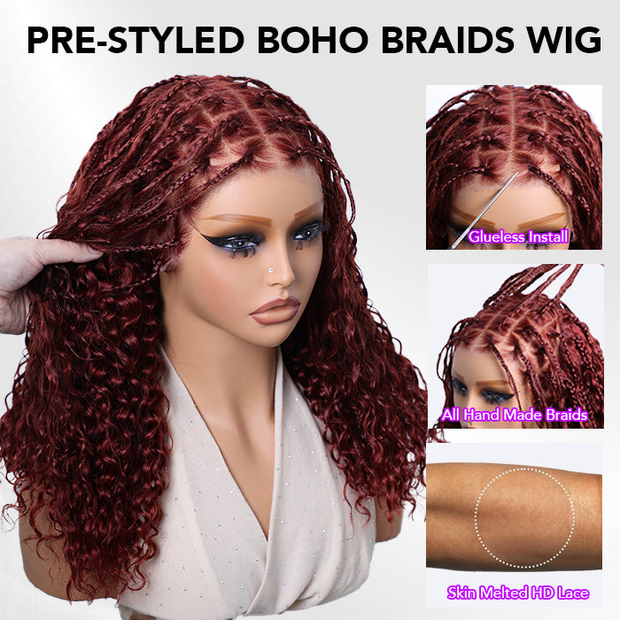 Knotless Boho Box Braided Curly Wig Glueless Pre Cut 13x6 Frontal HD Lace Drawstring Wig Human Hair Reddish Brown Color