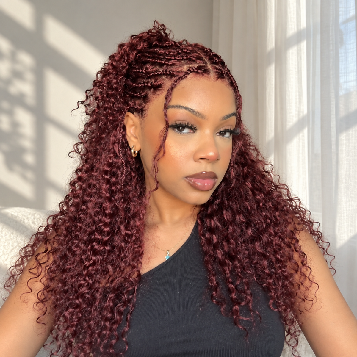 Knotless Boho Box Braided Curly Wig Glueless Pre Cut 13x6 Frontal HD Lace Drawstring Wig Human Hair Reddish Brown Color