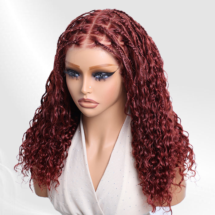 Knotless Boho Box Braided Curly Wig Glueless Pre Cut 13x6 Frontal HD Lace Drawstring Wig Human Hair Reddish Brown Color