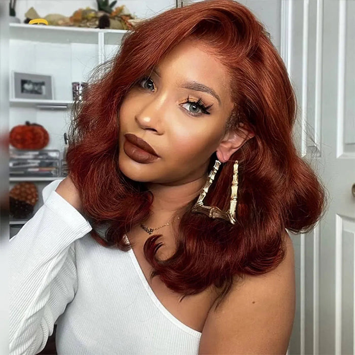 #33 Reddish Brown Color Body Wave 13x4/5x5 HD Lace Frontal Wigs Short Bob Red Brown Wig 220% Density