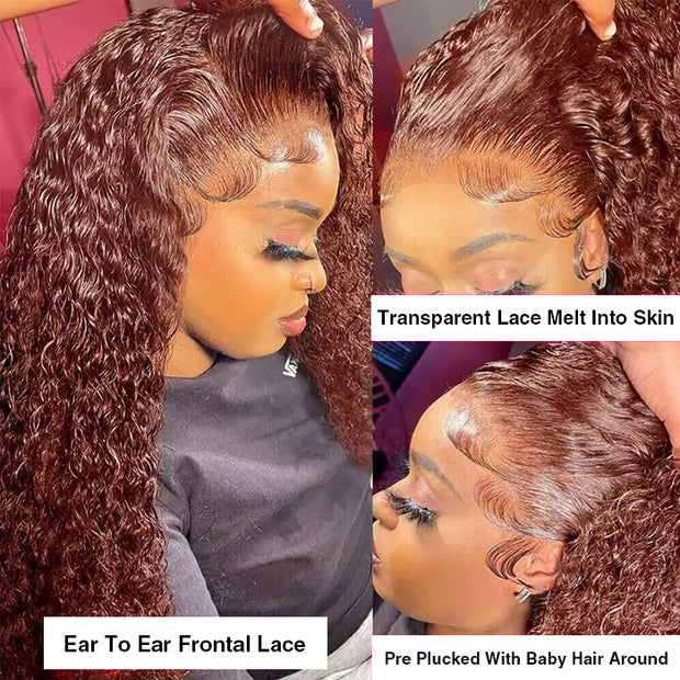 Reddish Brown Curly 13×4 Pre Cut HD Lace Front Human Hair Wigs 150% 180% 220% Density