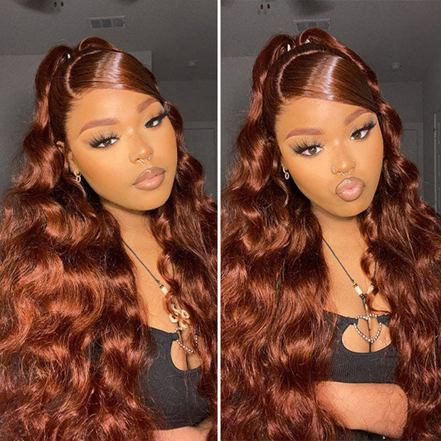 Reddish Brown Body Wave 13×4 Pre Cut HD Lace Front Human Hair Wigs 150% 180% 220% Density
