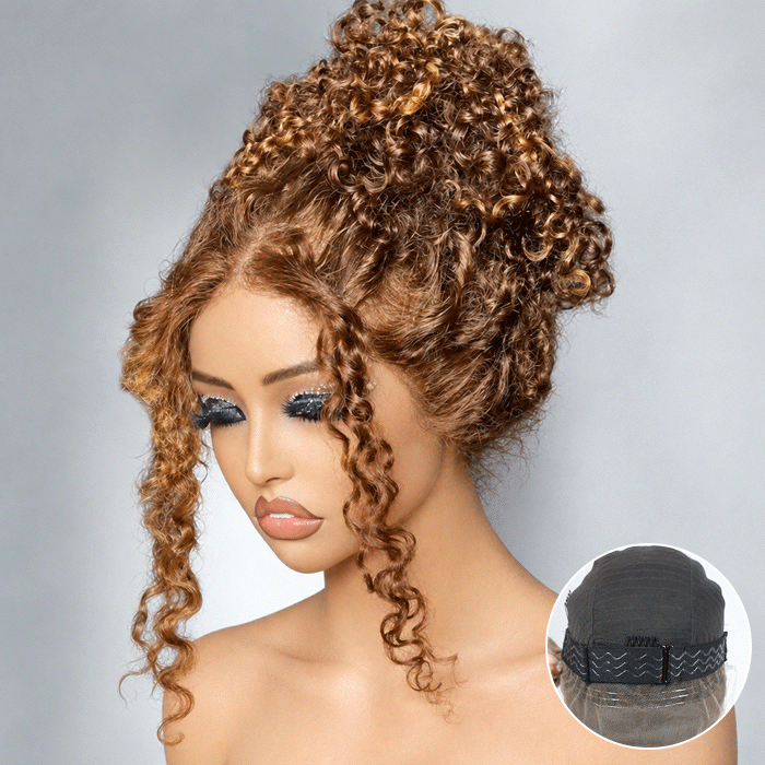Invisi-String 360 Lace Highlight Curly Human Hair Glueless Wigs Pre-Plucked 360 HD Lace Frontal Wig