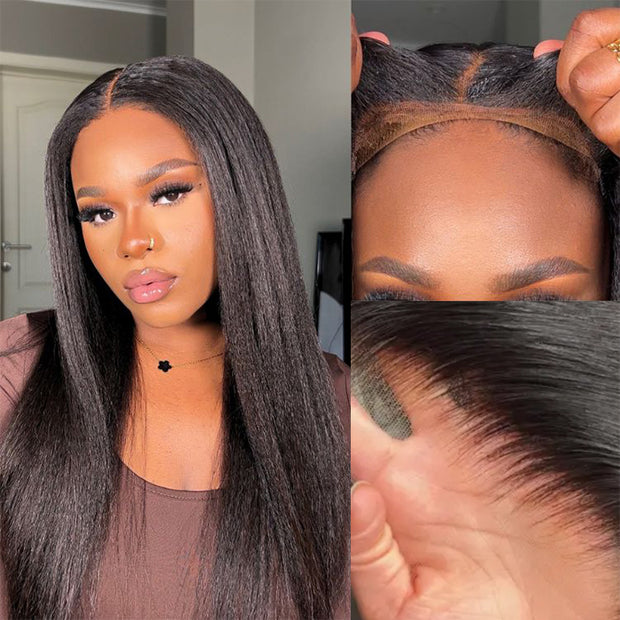 Kinky Straight Invisible-String Snug Fit 360 Full Lace Pre Plucked & Bleached HD Lace Glueless Wigs