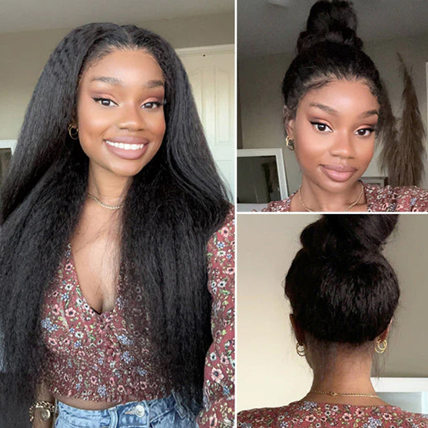 Kinky Straight Invisible-String Snug Fit 360 Full Lace Pre Plucked & Bleached HD Lace Glueless Wigs