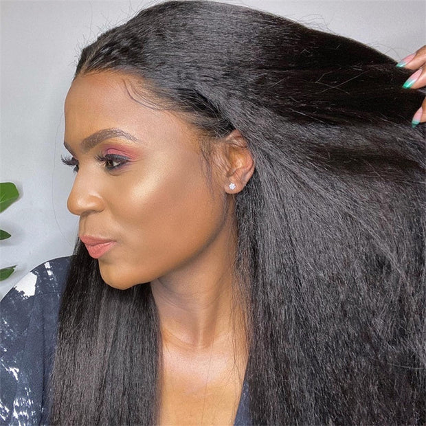 Kinky Straight Invisible-String Snug Fit 360 Full Lace Pre Plucked & Bleached HD Lace Glueless Wigs
