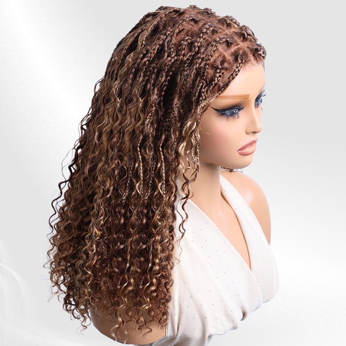 Highlight Boho Braided Curly Human Hair Wigs for Black Women Pre Cut 13x6 Frontal HD Lace Wig with Drawstring