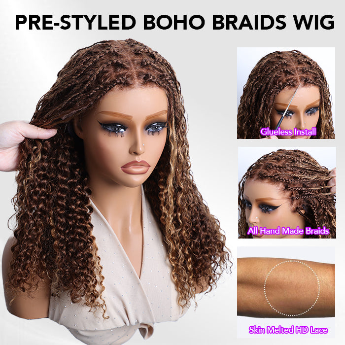 Highlight Boho Braided Curly Human Hair Wigs for Black Women Pre Cut 13x6 Frontal HD Lace Wig with Drawstring