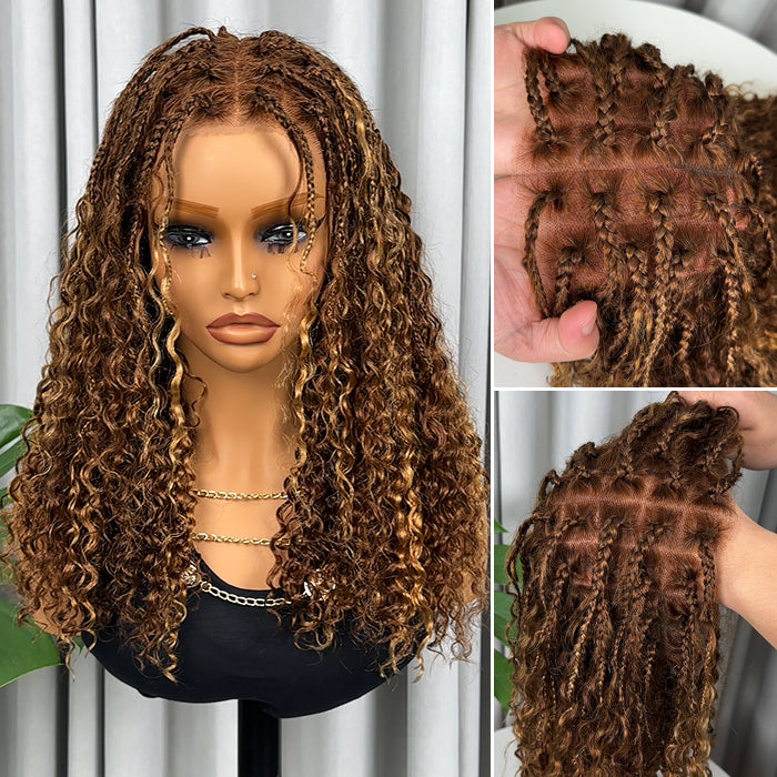 Glueless Braided Wigs for Black Women Highlight Color Boho Braided Curly Human Hair Wigs Pre Cut 13x6 Frontal HD Lace Wig with Drawstring