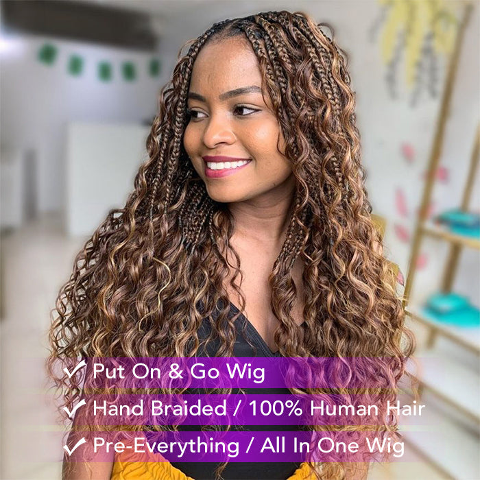 Boho Knotless Braids Human Hair Wigs Highlight Color Water Wave 13x6 HD Full Frontal Lace Braided Wigs For Black Women