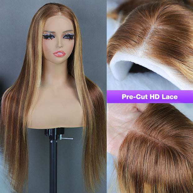 Ready & Go Blonde Highlight Straight Wig Upgrade 8*5 Pre Cut Lace Closure Wigs For Sale #P4/27 Color