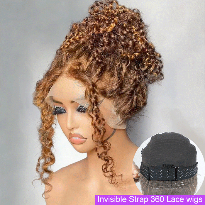 Ombre 4/27 Highlight Curly Wigs Invisi String Snug Fit 360 Pre Everything Glueless Wig