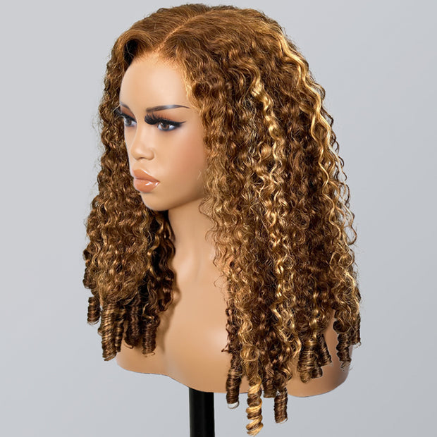 Highlight Burmese Curly with Finger Coil Ends Glueless 13x6 HD Lace Frontal Human Hair Wigs with Elastic Drawstring Friendly To All Heads