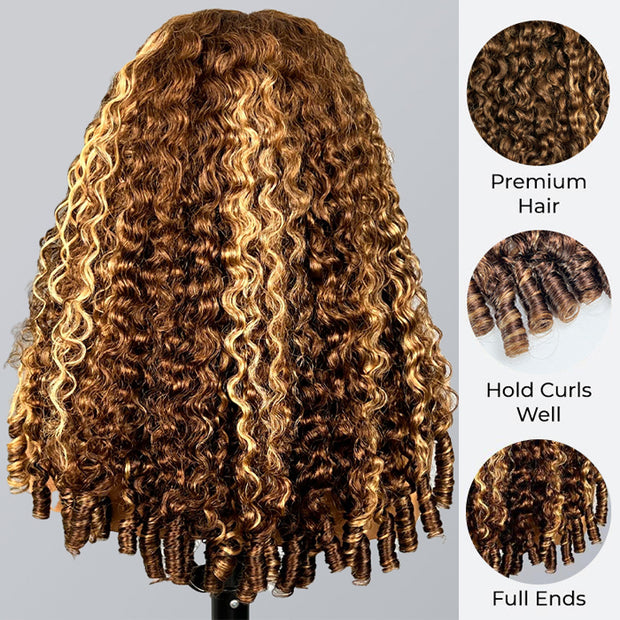 Highlight Burmese Curly with Finger Coil Ends Glueless 13x6 HD Lace Frontal Human Hair Wigs with Elastic Drawstring Friendly To All Heads