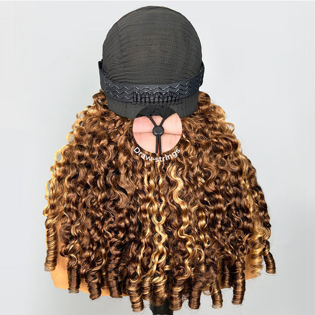 Highlight Burmese Curly with Finger Coil Ends Glueless 13x6 HD Lace Frontal Human Hair Wigs with Elastic Drawstring Friendly To All Heads