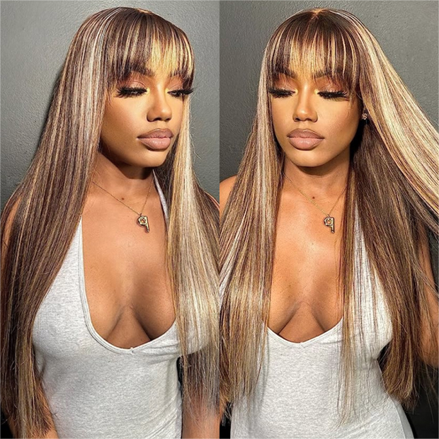 4/27 Honey Blond Highlight Straight Human Hair Wig With Bangs Virgin Human Hair Lace Front Wigs