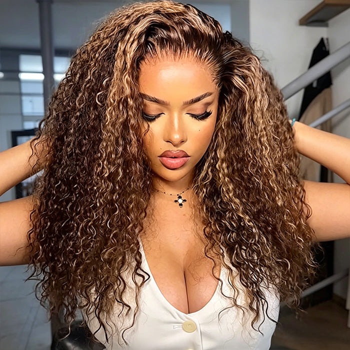 Glueless Butterscotch Blonde Highlights Curly Wig Pre Cut 8x5 HD Lace Human Hair Pre Everything Wigs