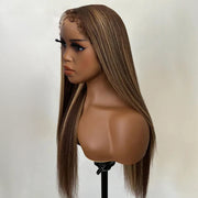 Pull Go Drawstring Wig Brown Highlight Straight Human Hair Glueless Wig with With 4c Curly Edges Hairline 13x4 13x6 Invisible HD Lace Front Wigs