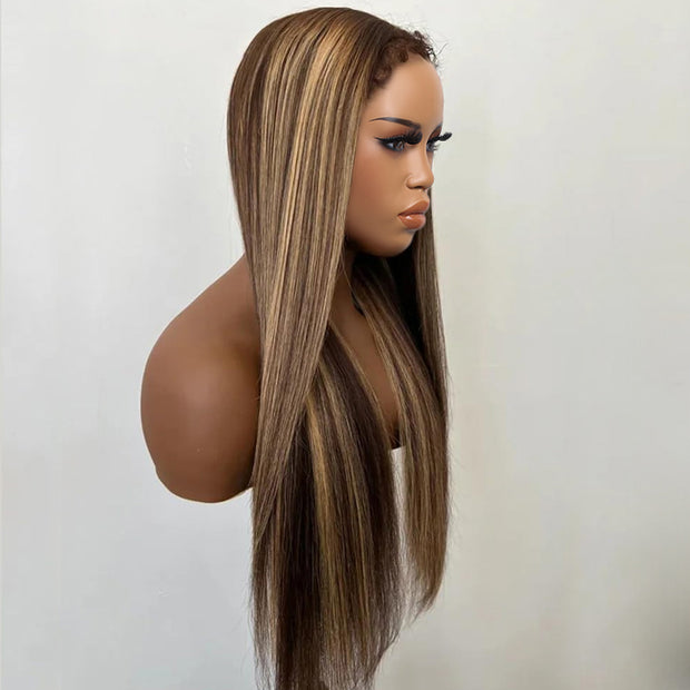Pull Go Drawstring Wig Brown Highlight Straight Human Hair Glueless Wig with With 4c Curly Edges Hairline 13x4 13x6 Invisible HD Lace Front Wigs