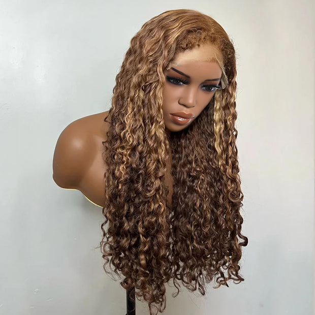 Ombre Blonde Brown #4/27 Color 4C Curly Edges Invisible HD Lace Front Wig With Curly Baby Hair Natural Realistic Hairline Glueless Wig