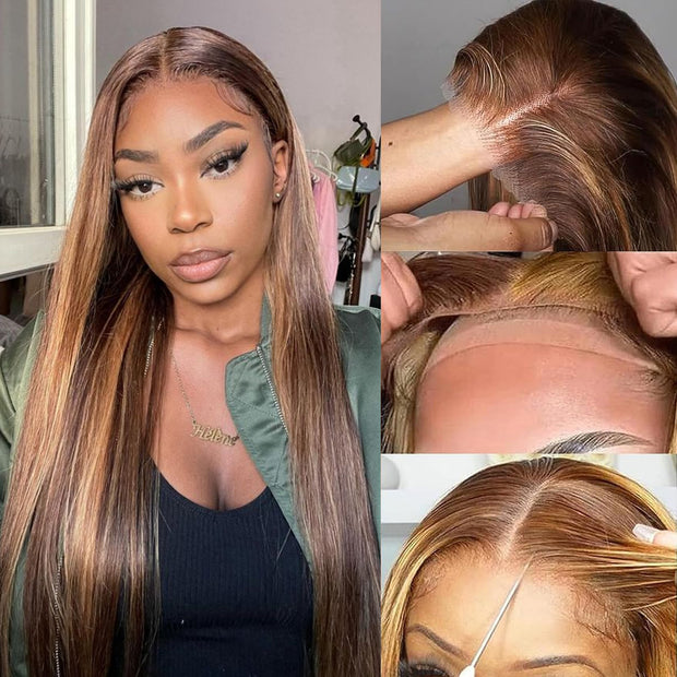 Ready & Go Blonde Highlight Straight Wig Upgrade 8*5 Pre Cut Lace Closure Wigs For Sale #P4/27 Color