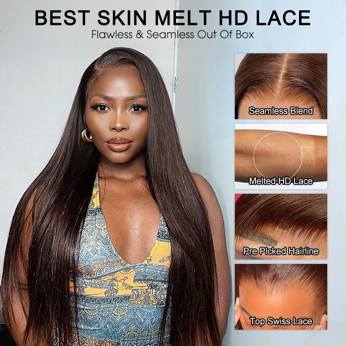 #4 Chocolate Brown 13x4 HD Lace Front Wigs Human Hair Wigs For Women Pre Plucked 220% Density