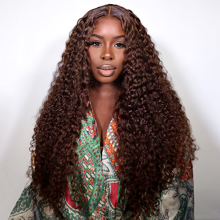 #4 Chocolate Brown Wig Deep Wave 13x6 HD Transparent Lace Frontal Wigs Pre-Colored Human Hair Wigs