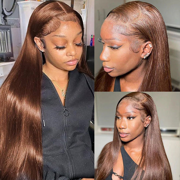 #4 Chocolate Brown 4x4/5x5 Invisible HD Lace Closure Human Hair Wigs With Pre Plucked Natural Hairline