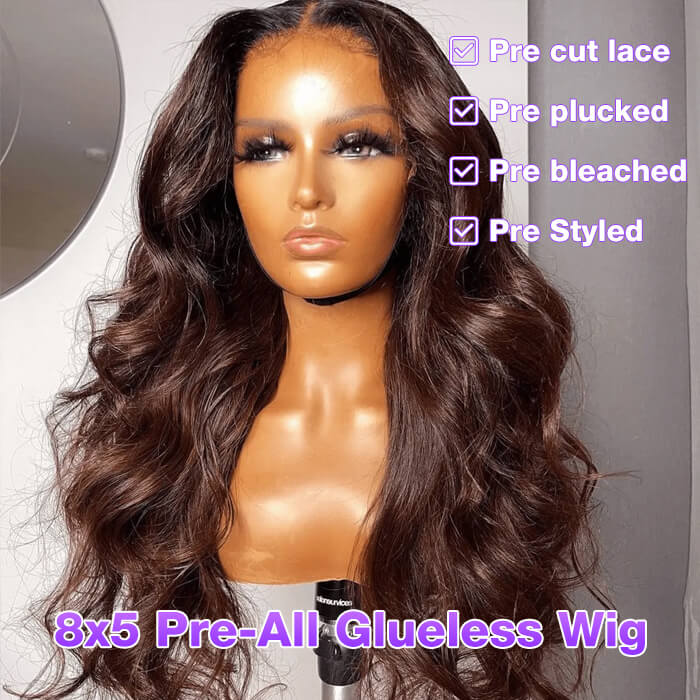 Pre-plucked Glueless 8x5 Pre Cut HD Lace Wigs #4 Chocolate Brown Body Wave Wig Super Secure