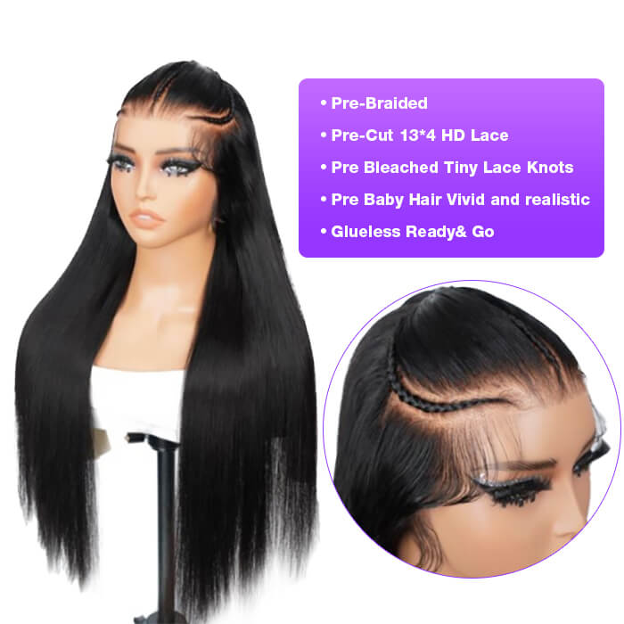 Glueless Pre Braided Wig Straight Human Hair 13x4 HD Lace Frontal Wig Super Secure