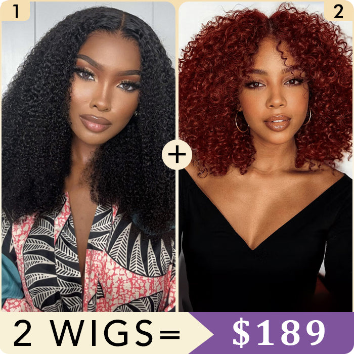 2 Wigs Set | Kinky Curly Hair 8x5 Pre Cut Lace Wig & #33 Reddish Brown 8x5 Short Bob Wig