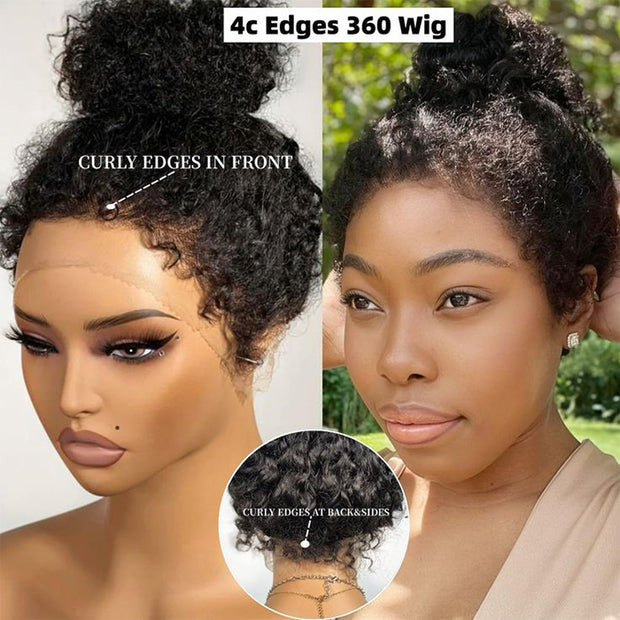 4C Curly Edges Hidden-Strap Snug Fit 360 Curly Lace Front Human Hair W ...