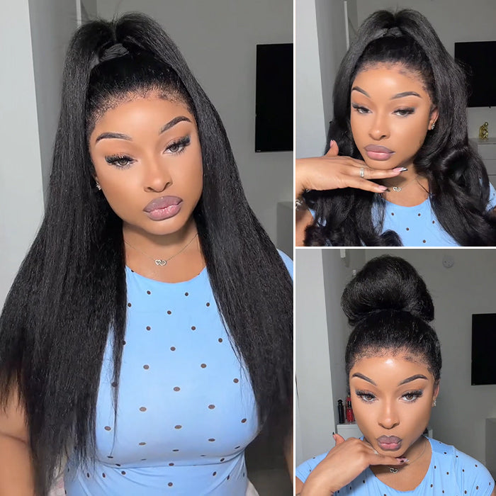Glueless Kinky Straight Wig with Kinky Edge Hairline Fitted 13x6 360 HD Lace Human Hair Wigs For Women 220% Density