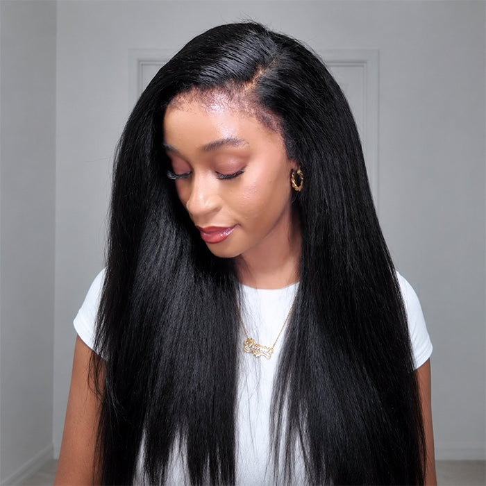 Glueless Kinky Straight Wig with Kinky Edge Hairline Fitted 13x6 360 HD Lace Human Hair Wigs For Women 220% Density