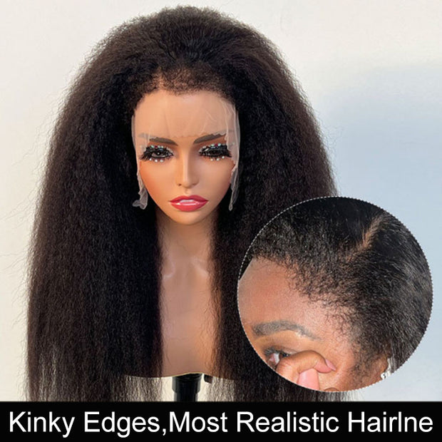 Kinky Edges Hairline Glueless Kinky Straight HD Lace Front Human Hair Wigs Pre Bleached