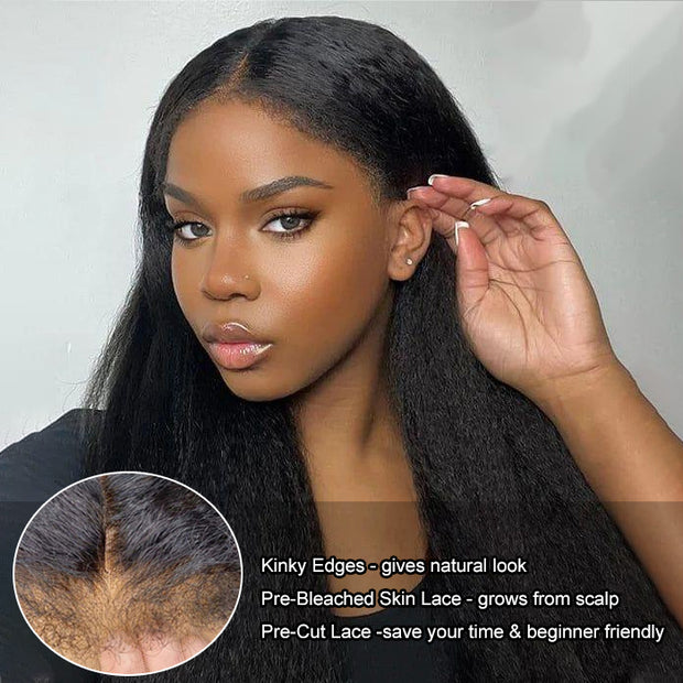 Kinky Edges Hairline Glueless Kinky Straight HD Lace Front Human Hair Wigs Pre Bleached