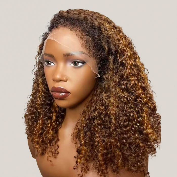 4C Curly Edges Hairline Wig Golden Brown Color Human Hair Curly Wigs 13x6 Full HD Lace Frontal Glueless Wig