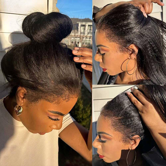 Kinky Straight Wigs With Kinky Edges HD Lace Glueless Human Hair Wigs Realistic Super Natural