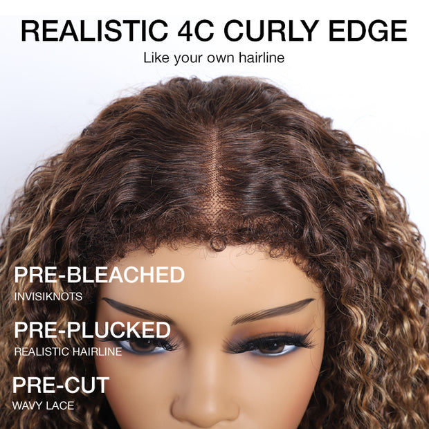 4C Curly Edges Hairline Wig 4/27 Highlight Color 13x6 Full HD Lace Glueless Human Hair Curly Wigs