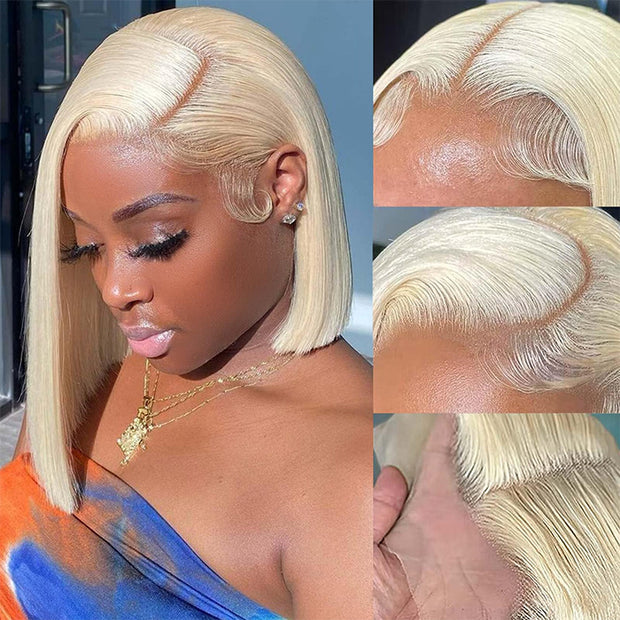 613 Blonde Straight Bob Wigs Human Hair Pre Plucked Glueless Lace Wig